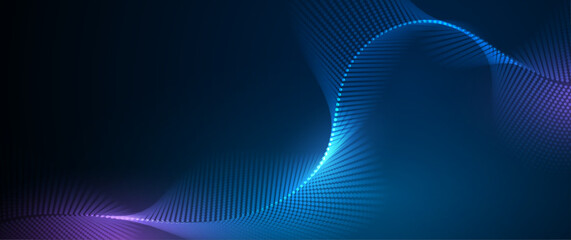 Aufkleber - Vector abstract dynamic, wave - flow mesh particles pattern and dot on dark blue background. Illustration design futuristic, network technology background. Modern digital datum and science concept