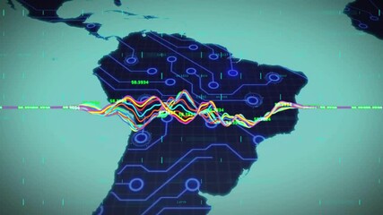 Sticker - Animation of digital data processing over world map on green background