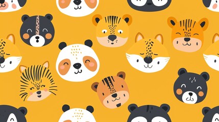 A seamless pattern of cute cartoon animal faces on a yellow background.