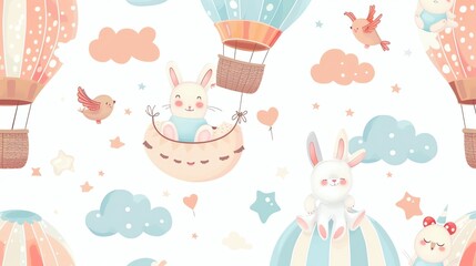 Wall Mural - A seamless pattern with cartoon bunnies and hot air balloons, with a whimsical style.