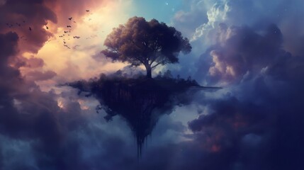 Wall Mural - A floating island with a lone tree, set against a dramatic sky of clouds and stars.