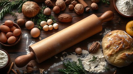 Wall Mural - A wooden rolling pin lays on a rustic wooden surface surrounded by ingredients for baking.