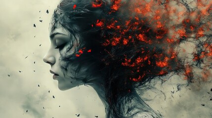 Wall Mural - A woman's profile with her hair blowing in the wind, some of it turning into flames, symbolizing the power of emotions.