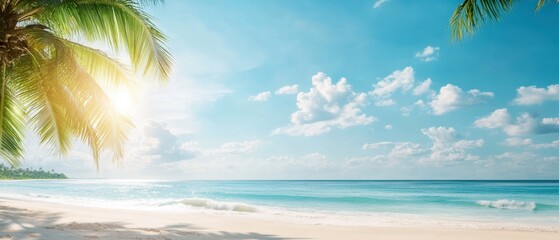 Serene beach scene with palm trees, gentle waves, and a bright sun illuminating a clear sky, perfect for vacation and relaxation.