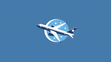 Wall Mural - Simple illustration of a white airplane with a blue tail in a circle with stars, against a light blue background.