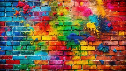 Wall Mural - Close-up photo of colorful brick wall with vibrant paint splatters