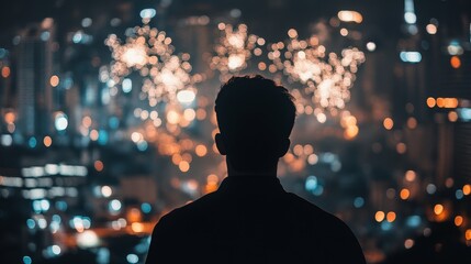 Silhouette of man looking at fireworks. Fireworks background