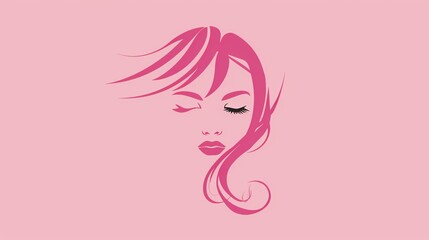 Wall Mural - Pink silhouette of a woman's face with flowing hair on a pink background.