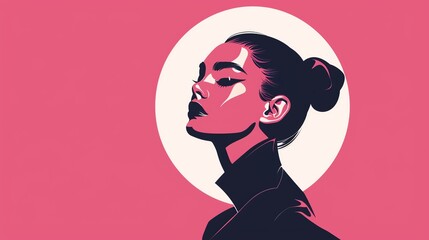 Wall Mural - Stylish woman with black hair looking up in a pink background.