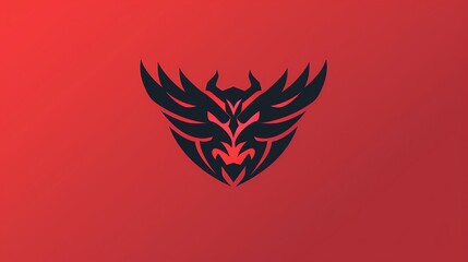 Wall Mural - A black stylized animal head with wings on a red background.