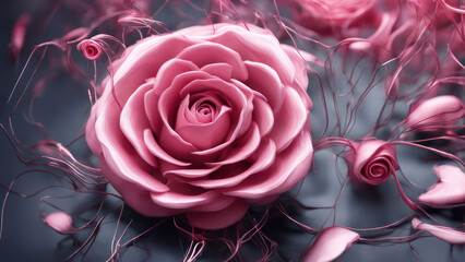 Wall Mural - illustration of a pink rose flower, futuristic view of a pink rose flower, pink rose technology view