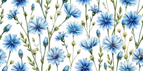 Wall Mural - Watercolor chicory flowers seamless pattern design with delicate and elegant blue flowers on white background