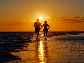 Wall Mural - silhouette of a couple running at beach during sunset - ai