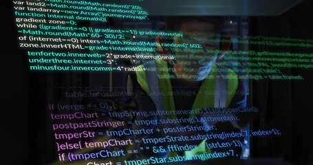 Poster - Animation of digital data processing over asian male it technician by computer servers