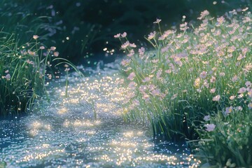 Wall Mural - Serene Meadow with Glittering Dew Kissed Flowers and Lush Foliage in Springtime