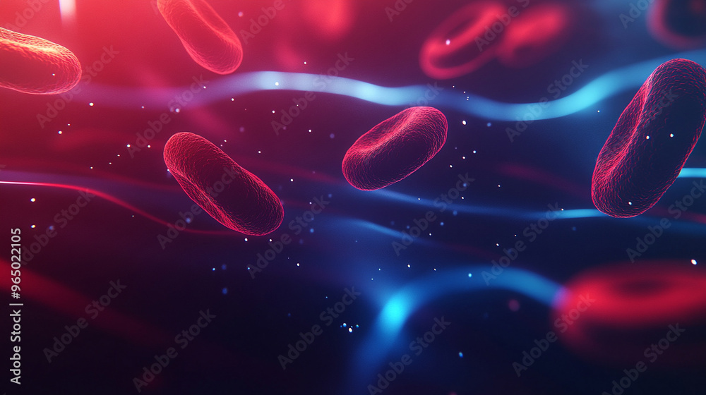 A highly detailed, microscopic view of blood cells flowing through an ...
