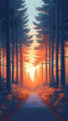 Pine forest illustrated in morphism style, using smooth gradients and layered depth to present a contemporary, abstract view of the forest scene.