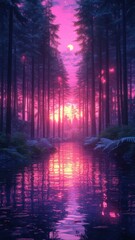 Pine forest depicted in synthwave style, featuring neon colors and retro-futuristic elements to create a vibrant and dynamic interpretation of the forest.