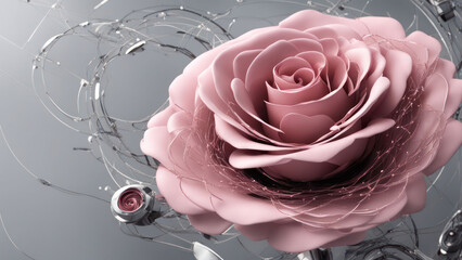 Wall Mural - illustration of a pink rose flower, futuristic view of a pink rose flower, pink rose technology view