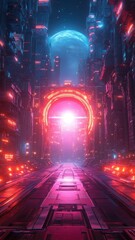 Retro-futuristic synthwave style dimensional gate, using vibrant neon colors and geometric patterns.