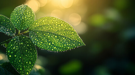 Poster - green leaf adorned with glistening water droplets, symbolizing nature’s resilience and the cycle of life. Represents environmental sustainability, carbon reduction, and the beauty of natural elements