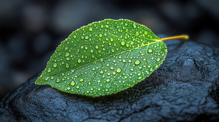 Poster - green leaf adorned with glistening water droplets, symbolizing nature’s resilience and the cycle of life. Represents environmental sustainability, carbon reduction, and the beauty of natural elements