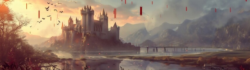  A majestic stone castle with high spires, towers, and red banners flying in the wind, stands majestically on a cliff overlooking a tranquil river