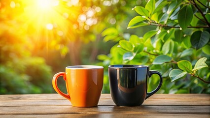 Two black and orange coffee mugs on wooden table with sunlight filtering through green tree leaves