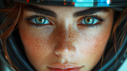 female Formula 1 driver exudes focus and confidence in this dynamic shot. With her helmet and racing suit, she symbolizes strength, determination, and the beauty of women excelling in male-dominated s