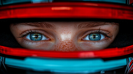 female Formula 1 driver exudes focus and confidence in this dynamic shot. With her helmet and racing suit, she symbolizes strength, determination, and the beauty of women excelling in male-dominated s