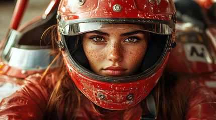 female Formula 1 driver exudes focus and confidence in this dynamic shot. With her helmet and racing suit, she symbolizes strength, determination, and the beauty of women excelling in male-dominated s