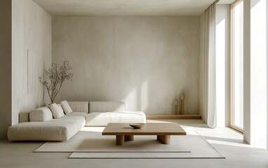 Poster - Minimalist Living Space with Sofa, Sleek Coffee Table, and Neutral Decor for Airy and Harmonious Interior Design