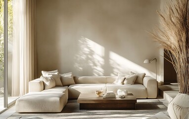 Poster - Minimalist Living Space with Sofa, Sleek Coffee Table, and Neutral Decor for Airy and Harmonious Interior Design