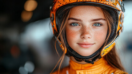 female Formula 1 driver exudes focus and confidence in this dynamic shot. With her helmet and racing suit, she symbolizes strength, determination, and the beauty of women excelling in male-dominated s