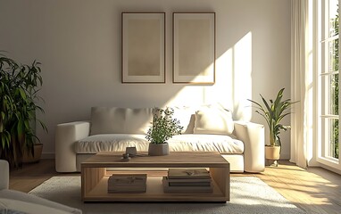 Poster - Minimalist Living Space with Sofa, Sleek Coffee Table, and Neutral Decor for Airy and Harmonious Interior Design