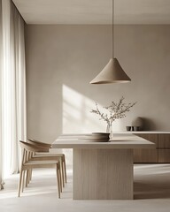 Poster - Dining Area with Minimalist Table, Chairs, and Neutral Color Scheme for Serene and Aesthetic Interior Design
