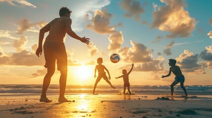 Silhouettes of people playing a game of catch on the beach at sunset.