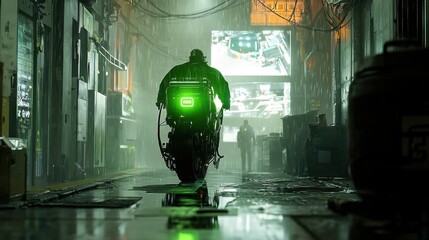 A solitary with an intense, greenish glow stands in the center of a shadowy alleyway. Its robotic features are sharply defined by the light, 