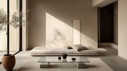 Poster - Modern Minimalist Living Room with Low-Profile Daybed, Glass Coffee Table, and Neutral Tones for an Open and Uncluttered Interior