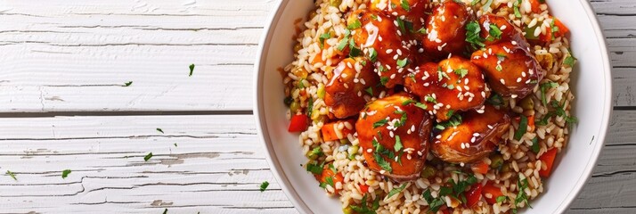 Wall Mural - Vertical overhead shot of brown rice garnished with honey sesame chicken in a white bowl on a white wooden surface.