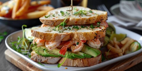 Avocado and Shrimp Club Sandwiches at a Mediterranean Eatery