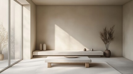 Poster - Minimalist Living Room with Low-Profile Bench and Coffee Table for a Functional and Clean Interior Design