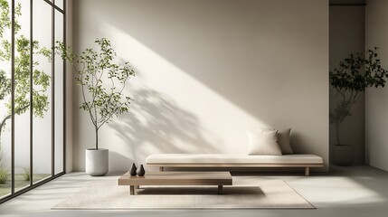 Poster - Minimalist Living Room with Low-Profile Bench and Coffee Table for a Functional and Clean Interior Design