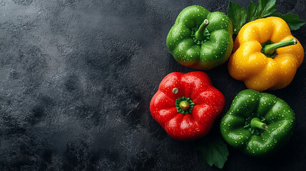 Fresh, colorful bell peppers in shades of red, yellow, and green with glistening water droplets. A vibrant representation of health, freshness, and natural produce, perfect for culinary or wellness th