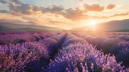 Wall Mural - A field of lavender flowers at sunset.