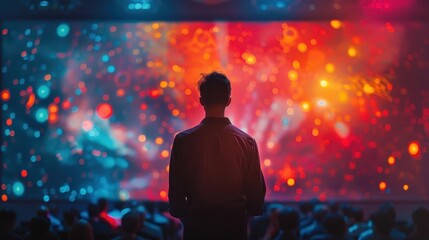 A silhouette of a person in front of a vibrant light display, capturing the essence of creativity and inspiration in a technological environment.