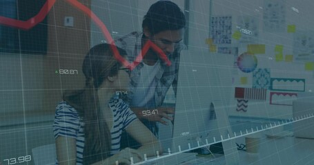 Poster - Animation of financial data processing over diverse colleagues discussing work in office