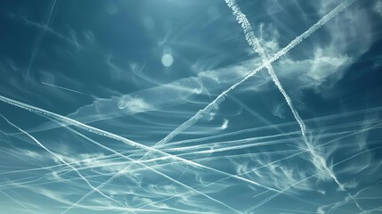 A blue sky with many white contrails.