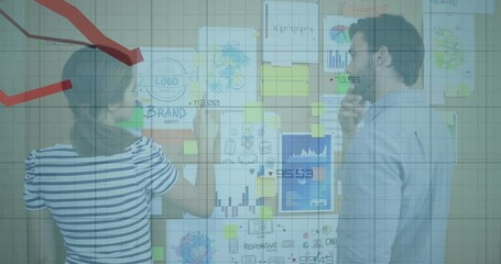 Poster - Animation of data processing and diagrams over caucasian colleagues discussing work in office