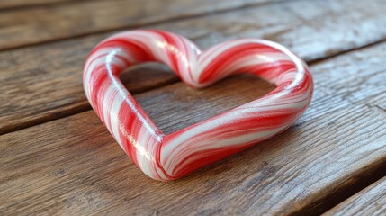 Candy cane heart, formed with two candy canes, lying on a wooden table, soft light